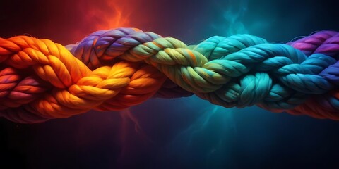 Team rope diverse strength connect partnership together teamwork unity communicate support. Strong diverse network rope team concept integrate braid color background cooperation empower power.