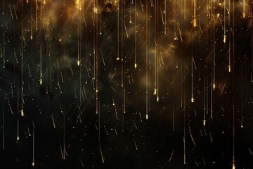 a black and gold background with gold strings hanging from the top