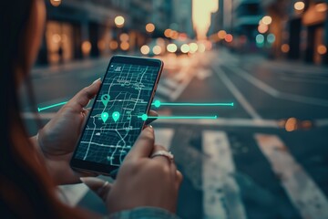 Poster - A woman is holding a cell phone and looking at a map