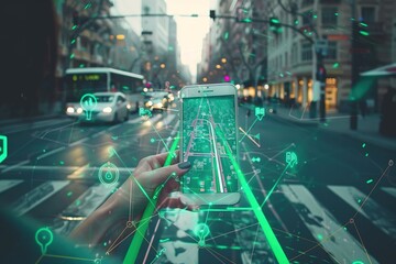 Poster - A person is holding a cell phone that is displaying a green screen with a crossw