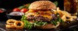 © PBMasterDesign - Delicious gourmet cheeseburger with crispy onion rings, fresh lettuce, and tomatoes on a sesame seed bun.