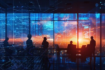 Poster - A group of people are sitting in a room with a large window overlooking a city