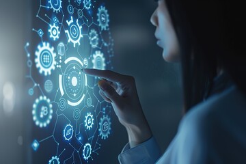 Poster - A woman is pointing at a computer screen with a blue background