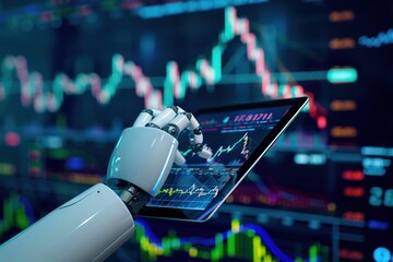 Poster - A robot is holding a tablet with a screen displaying financial data
