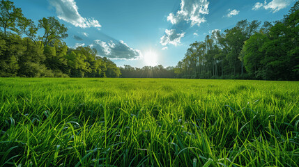 Wall Mural - Spring Nature Landscape Wide Angle Green Grass Field Blue Sky Trees Bright Sunny Day Panorama