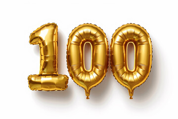 pair of gold balloons with the number 100 on them. The balloons are inflated and appear to be floating in the air. Concept of celebration and achievement