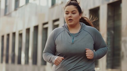 Wall Mural - A woman runs down a street wearing a grey sweatshirt