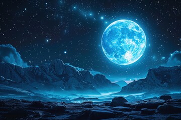 Wall Mural - a large blue moon is in the sky above a rocky, barren landscape