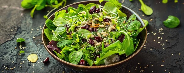 Wall Mural - Fresh green salad with leafy greens, seeds, and vegetables in a bowl, perfect for a healthy meal or vegan diet on a rustic table.