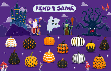 Aufkleber - Help to wizard find two same Halloween patterned pumpkins kids quiz game vector worksheet. Matching puzzle with cartoon Halloween ghost, magician, witch and tree characters, pumpkins and castle