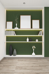 Wall Mural - 3d  render of minimal books shelves sunken with frames mock up. Oak parquet floor, green wall and white ceiling. Set 9