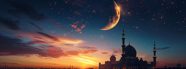 Twilight night with mosque dome, crescent moon, and dark sky background. Suitable for Ramadan, Eid al-Fitr, Eid al-Adha, and other Islamic holidays.