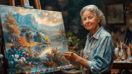 Senior Woman Painting a Landscape in Art Studio. Elderly woman artist painting a beautiful landscape in her art studio, surrounded by brushes and painting supplies.