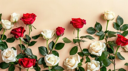 Canvas Print - Arrangement of red and white roses with leaves on a bright background Floral design concept in a summer garden theme Top view with space for text