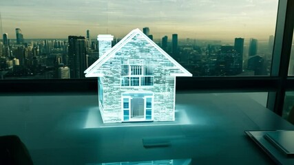 Fototapete - A digital model of a house sits on a glass desk in front of a city skyline.