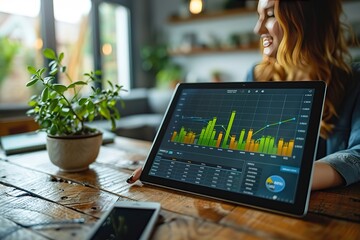 Poster - A woman is holding a laptop displaying a graph of stock prices