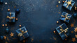 © DreamyStudio - illustration of blue gifts with golden bows and ribbons placed on blue background near stars