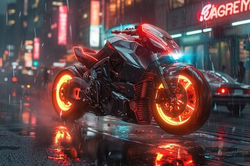 Poster - A neon bike is shown in a city street with a neon sign in the background