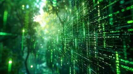 Poster - Matrix-inspired digital landscape with cascading green code and floating holographic symbols 