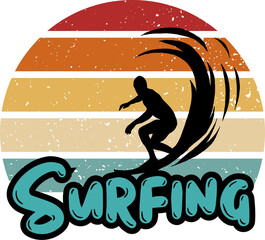 illustration of a silhouette of a person on Surfing board Vector Graphic. A collection of vintage, modern for sticker and t shirt