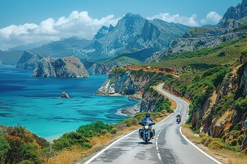 Wall Mural - A motorcycle is driving down a road next to a body of water