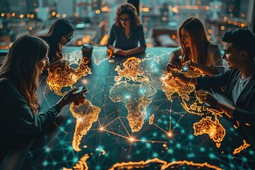 Poster - A group of people are sitting around a table with a map of the world in front of