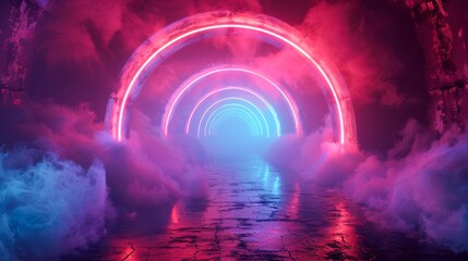 Wall Mural - Neon tunnel with sharp geometric patterns in red and blue, shrouded in misty fog and floating neon clouds 