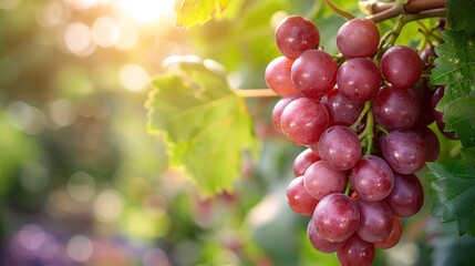 Wall Mural - Purple Red Grapes With Green Leaves On The Vine In The Garden Fresh Fruits Background