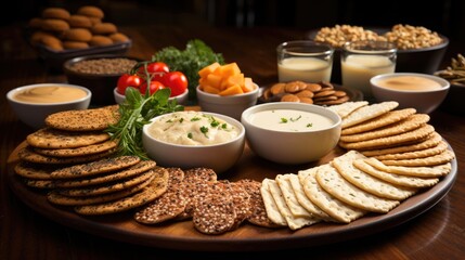 Wall Mural - High-quality photo of handcrafted seed crackers on a rustic wooden table surrounded by ingredients 