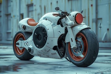 Poster - A futuristic looking motorcycle with a red and orange rim