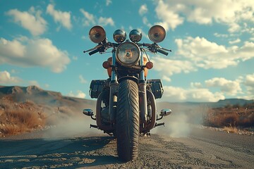 Canvas Print - A motorcycle is parked on a dirt road with a cloudy sky in the background