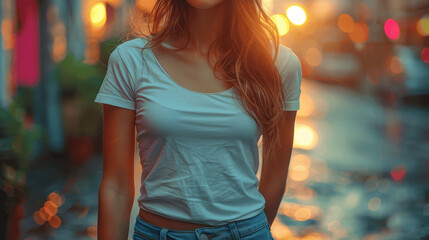 Wall Mural - Woman Wearing White T-Shirt and Jeans in Urban Street Close-Up Shot