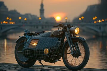 Poster - A motorcycle with a black body and a yellow headlight is parked on a bridge