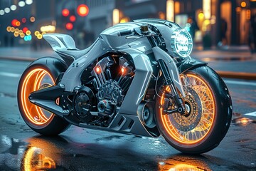 Poster - A futuristic motorcycle with neon lights on the wheels