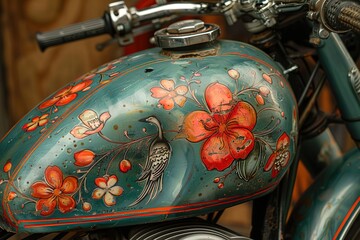 Wall Mural - A blue motorcycle with a flower design on the side