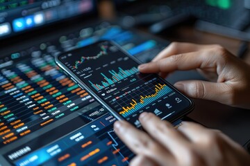 Poster - A person is using a cell phone to look at stock market data