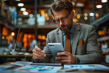 Poster - A man in a suit is sitting at a desk with a tablet in front of him