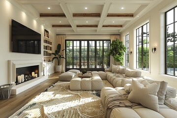 Wall Mural - A large living room with a fireplace, a television, and a potted plant