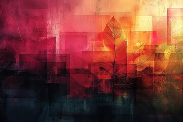 Poster - A colorful abstract painting of a leaf with a black background