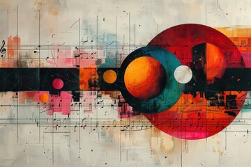 A colorful abstract painting with a red circle in the center