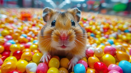 Fish-eye Lens Effect of a Hamster Stuffing Its Cheeks with Food - In a colorful playpen filled with toys 