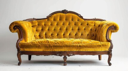 Canvas Print - Antique yellow couch on white backdrop