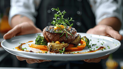 Gourmet Chef Serving Elegant Dish With Fresh Ingredients in Beautiful Golden Hour Light