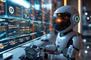 Poster - A robot is sitting in front of a computer monitor with a keyboard and a tablet