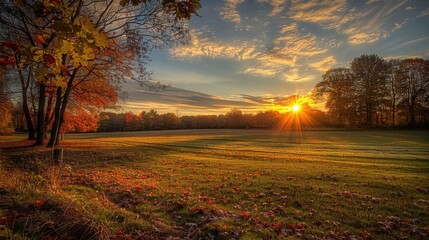 Poster - The sun sets over a field of grass with trees and scattered leaves in the foreground. The sky is a mix of orange, yellow, and blue, with white clouds. The sun is a bright orange orb in the sky, with r