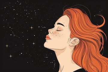 Sticker - A serene and dreamy portrait illustration of a woman with red hair against a starry night sky, capturing a moment of peaceful reflection and tranquility.