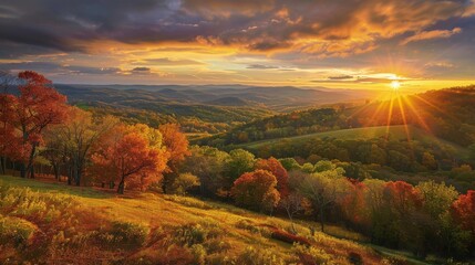 A scenic vista of rolling hills with vibrant fall foliage under a brilliant sunset sky. The sun's golden rays illuminate the landscape, casting long shadows across the trees and fields.