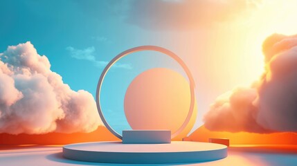 Wall Mural - Grey round podium platform pedestal against a realistic cloudscape sunset background. Mockup product displays