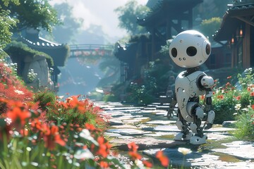 Poster - A robot is standing in a field of flowers