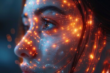 Poster - A woman's face is covered in glowing lines and dots